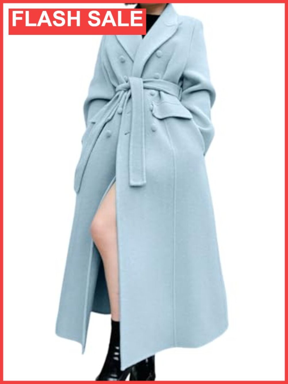 Women Long Wool Blend Pea Coat Double Breasted Trench with Belt